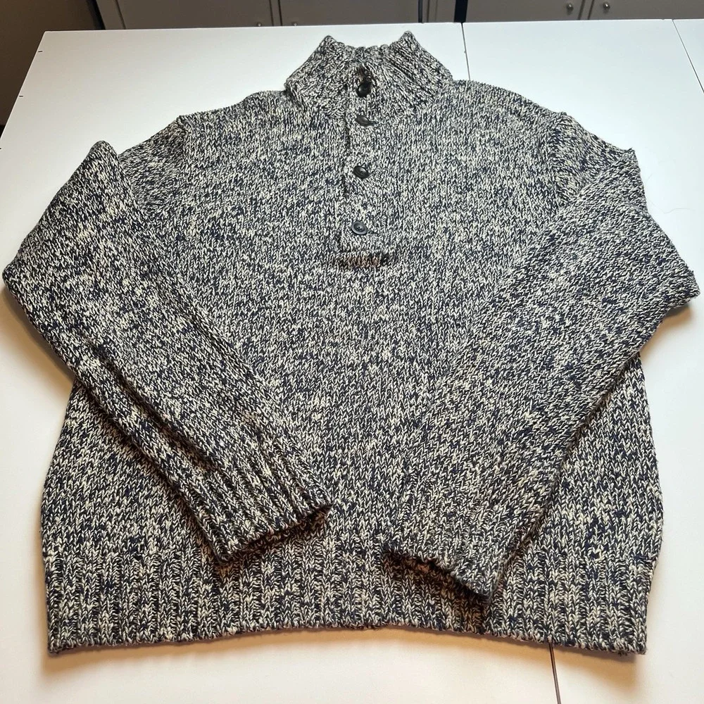 Polo By  Ralph Lauren Men's Blue/Beige Henley Style Heavy Cotton Sweater Size XL